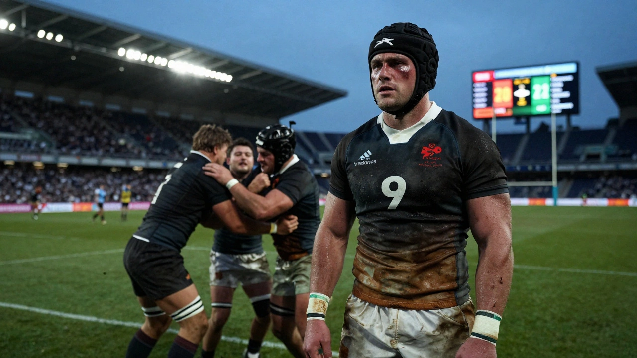 A bruised, exhausted scrum-half on the sideline during a packed stadium match, helmet off.