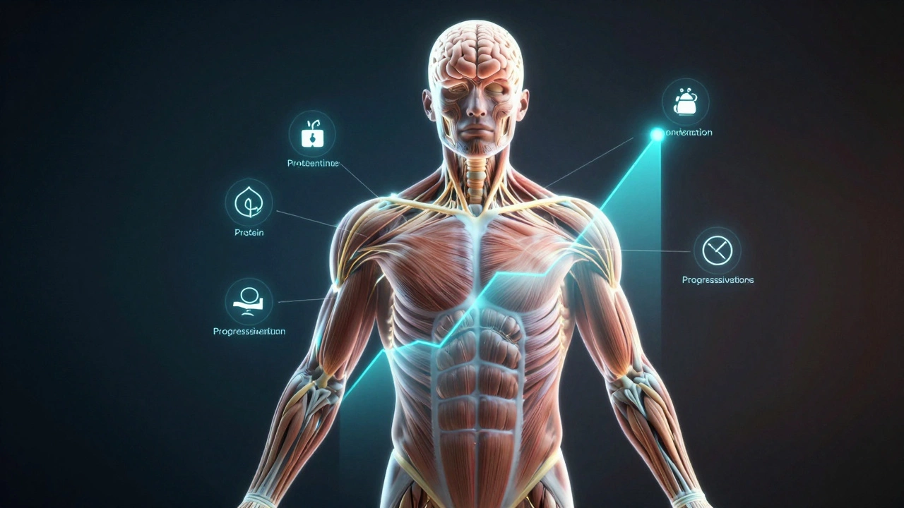 A human body with glowing neural connections and icons representing training and recovery, illustrating science behind muscle growth.