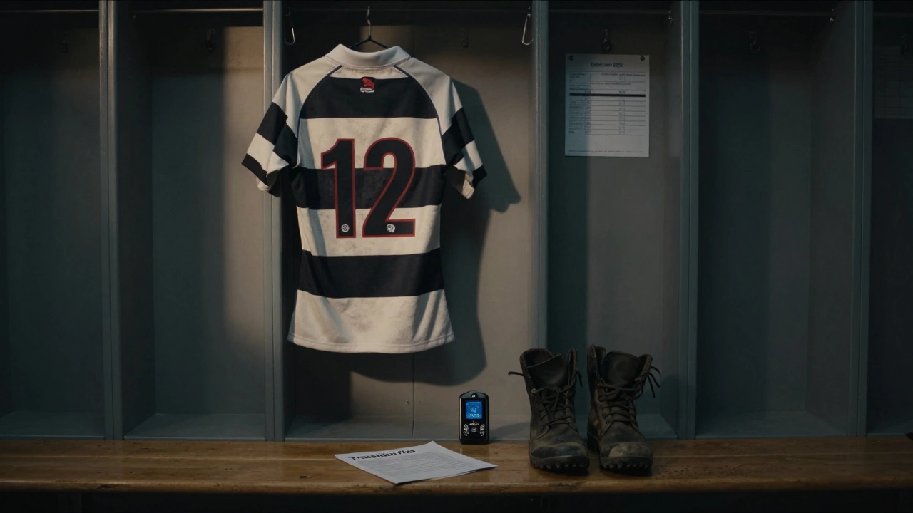 An empty locker room with a retired player's jersey, boots, and health report, conveying the quiet end of a professional rugby career.