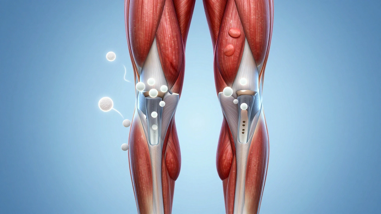 Anatomical view of leg muscles with micro-tears and immune cells repairing damage, glycogen stores shown as empty tanks.