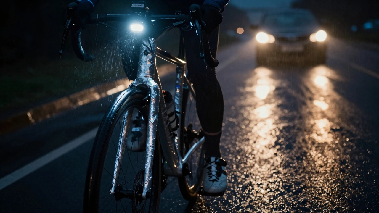 Bike frame covered in reflective tape with helmet light catching car headlights in rainy nighttime conditions.