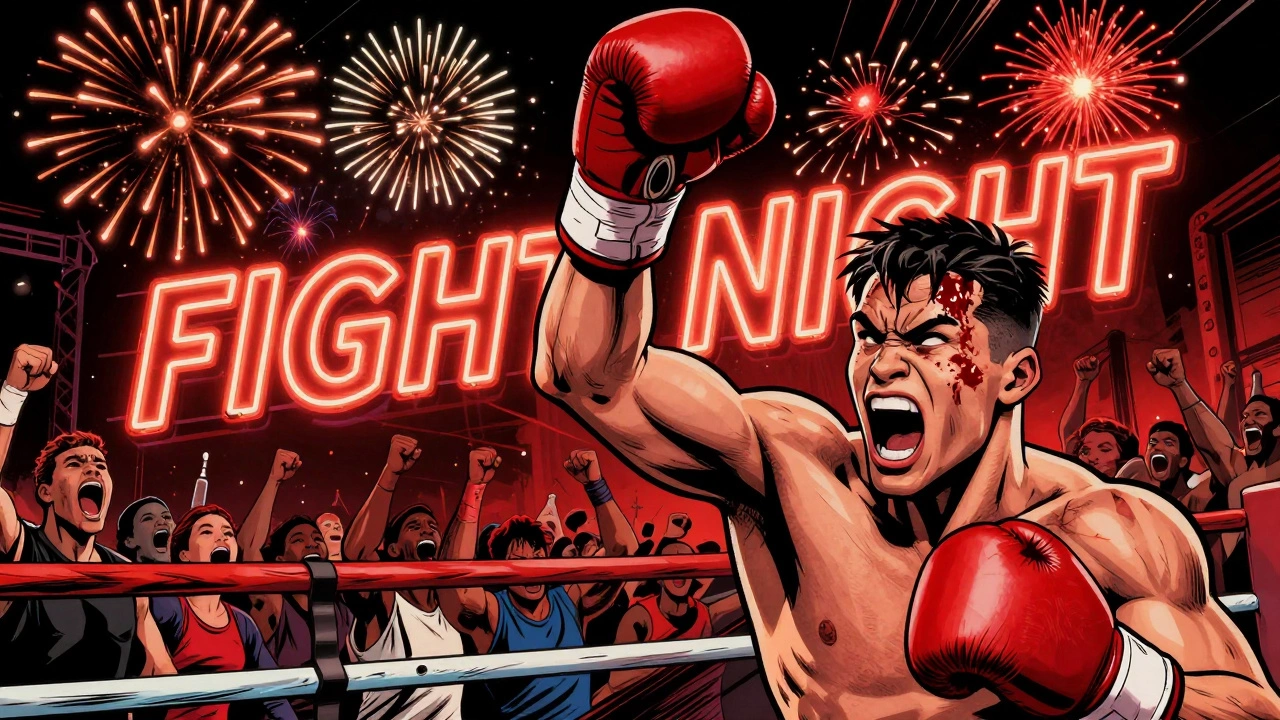 Boxer raising fist in victory amid fireworks and neon 'FIGHT NIGHT' sign, crowd cheering wildly.