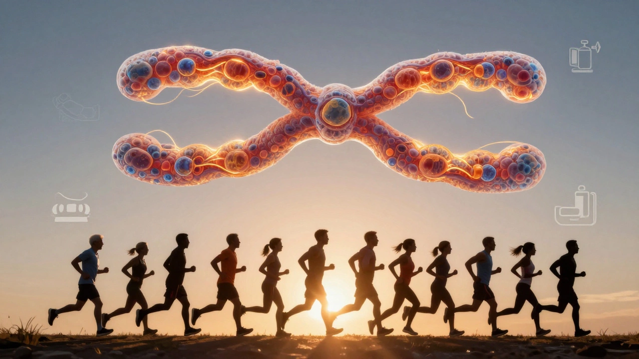 Chromosomes with glowing telomeres above runners at sunrise, representing cellular longevity.