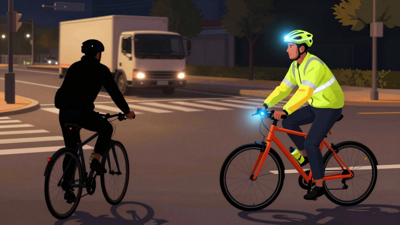 Contrasting images: invisible cyclist nearly hit by truck vs. visible cyclist safely noticed by driver.