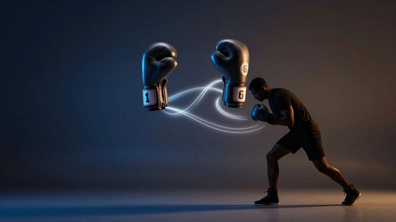 Gloves labeled '1' and '6' mid-punch with energy arcs, shadowed opponent.