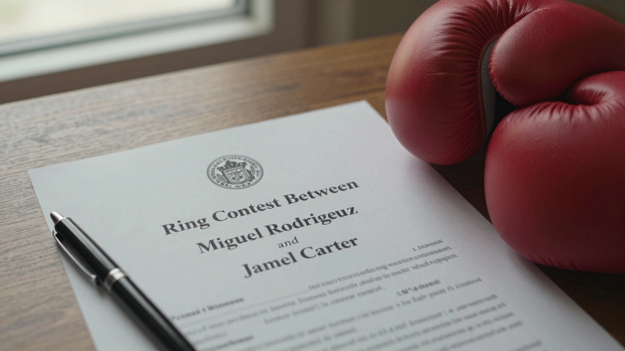 Official boxing contract on desk with gloves beside it, legal text clearly visible under soft light.