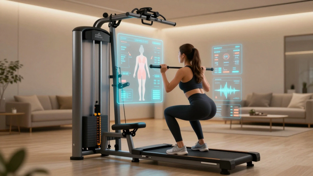 Smart fitness machine projecting holographic form feedback in a home gym.