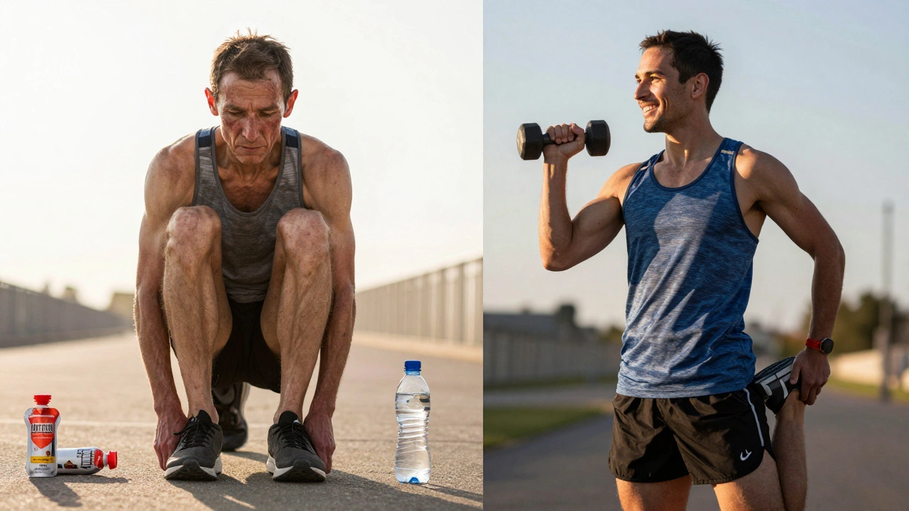 Split image contrasting a tired runner with poor habits versus a balanced runner with recovery tools.