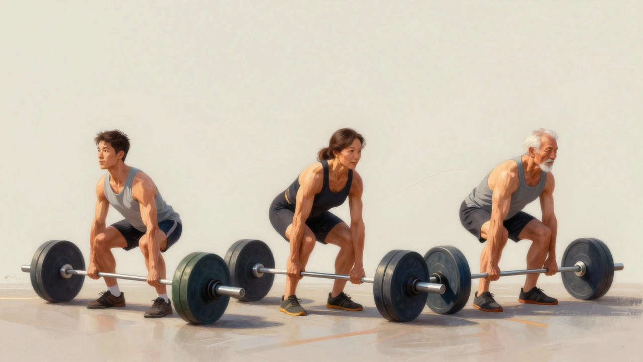 Three generations of lifters performing deadlifts together, symbolizing lifelong muscle growth.
