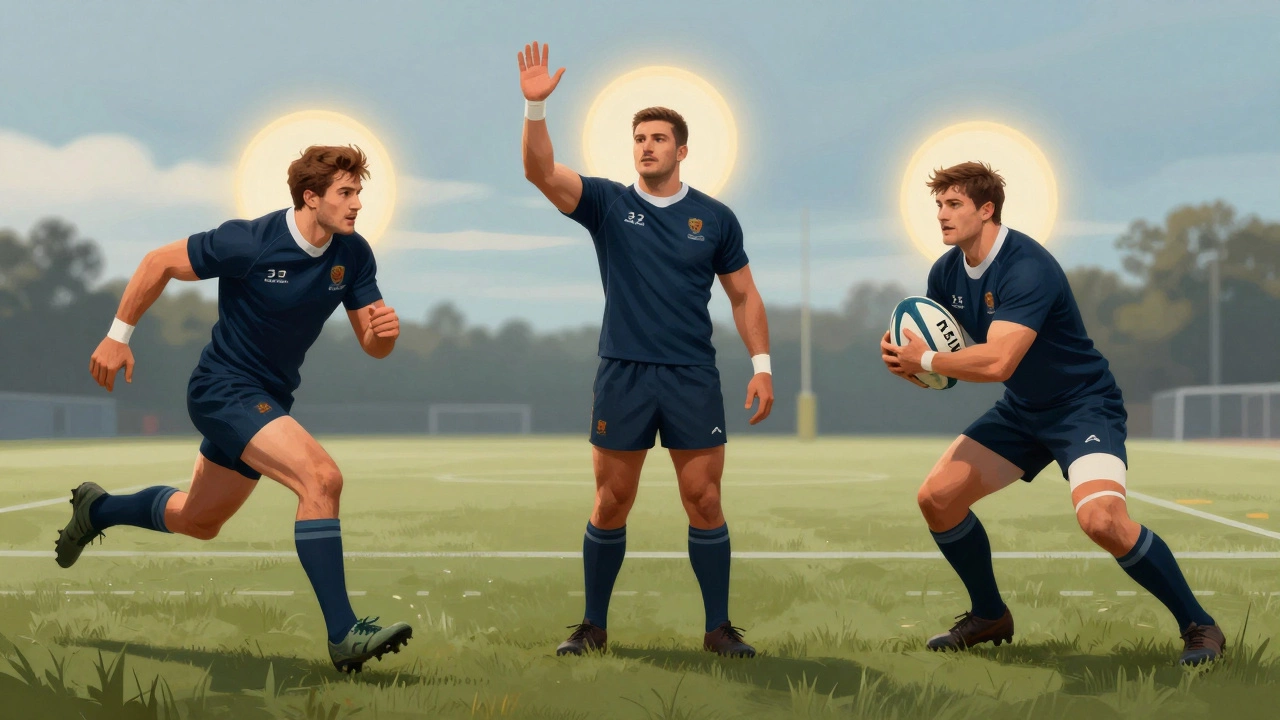 Three rugby players of different positions stand together, each symbolizing a different retirement age based on their role on the field.