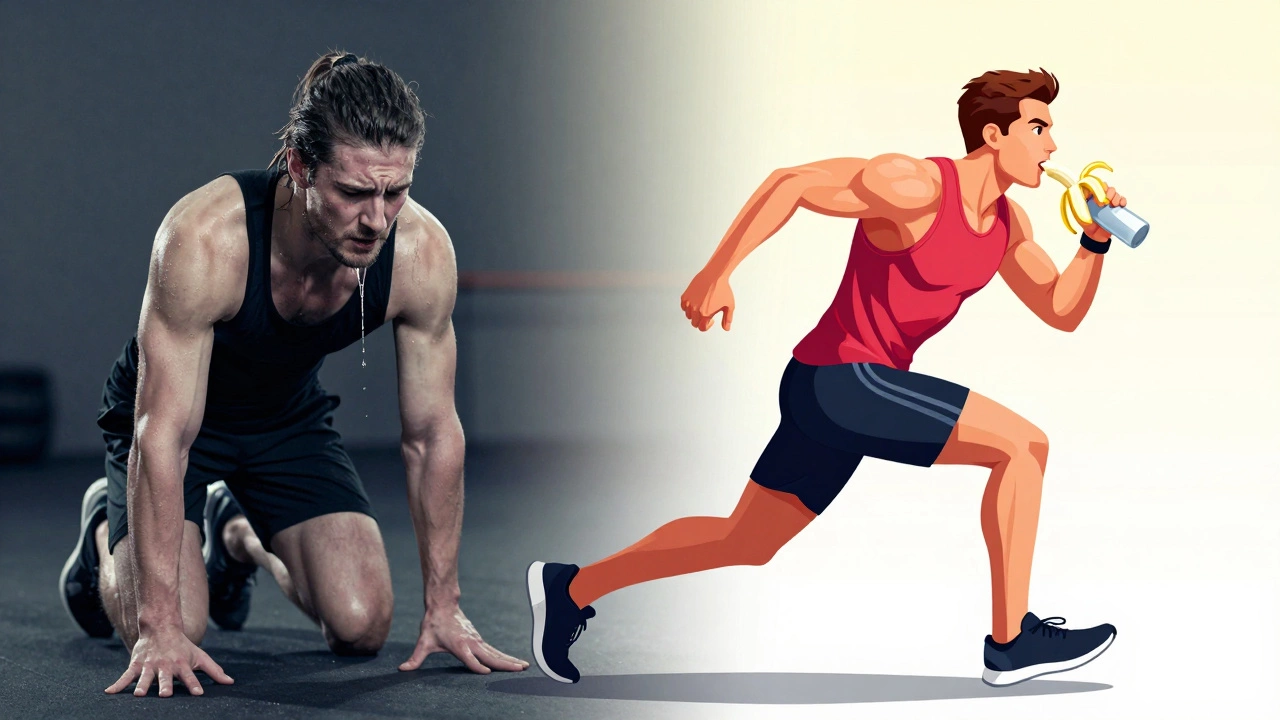 Two athletes side by side: one exhausted during intense training, another energized after eating.