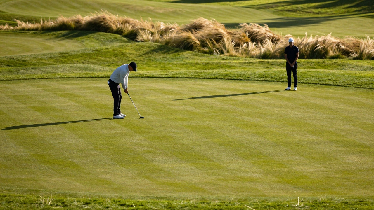 A golfer putts on a windy green while another stands perfectly still in the background, respecting the silent space required for a precise shot.
