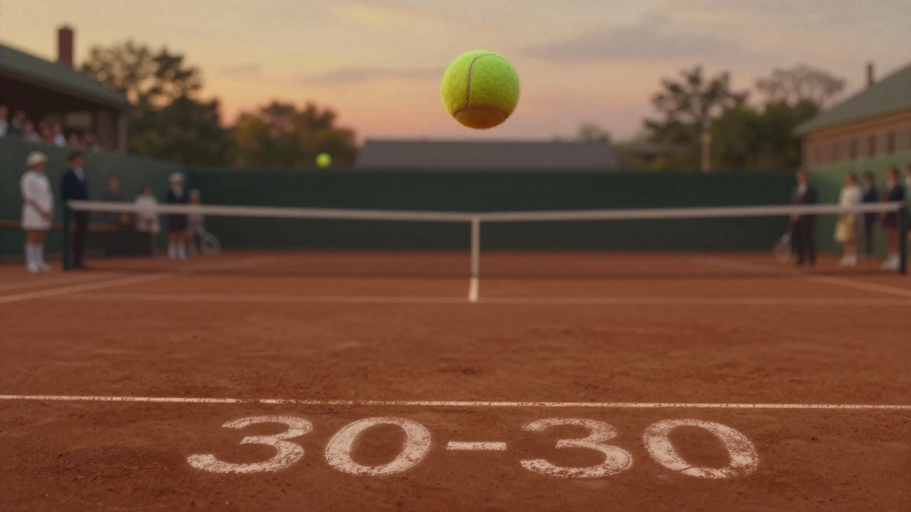 A tennis ball mid-serve over a clay court, with faint chalk score markings reading 30-30.