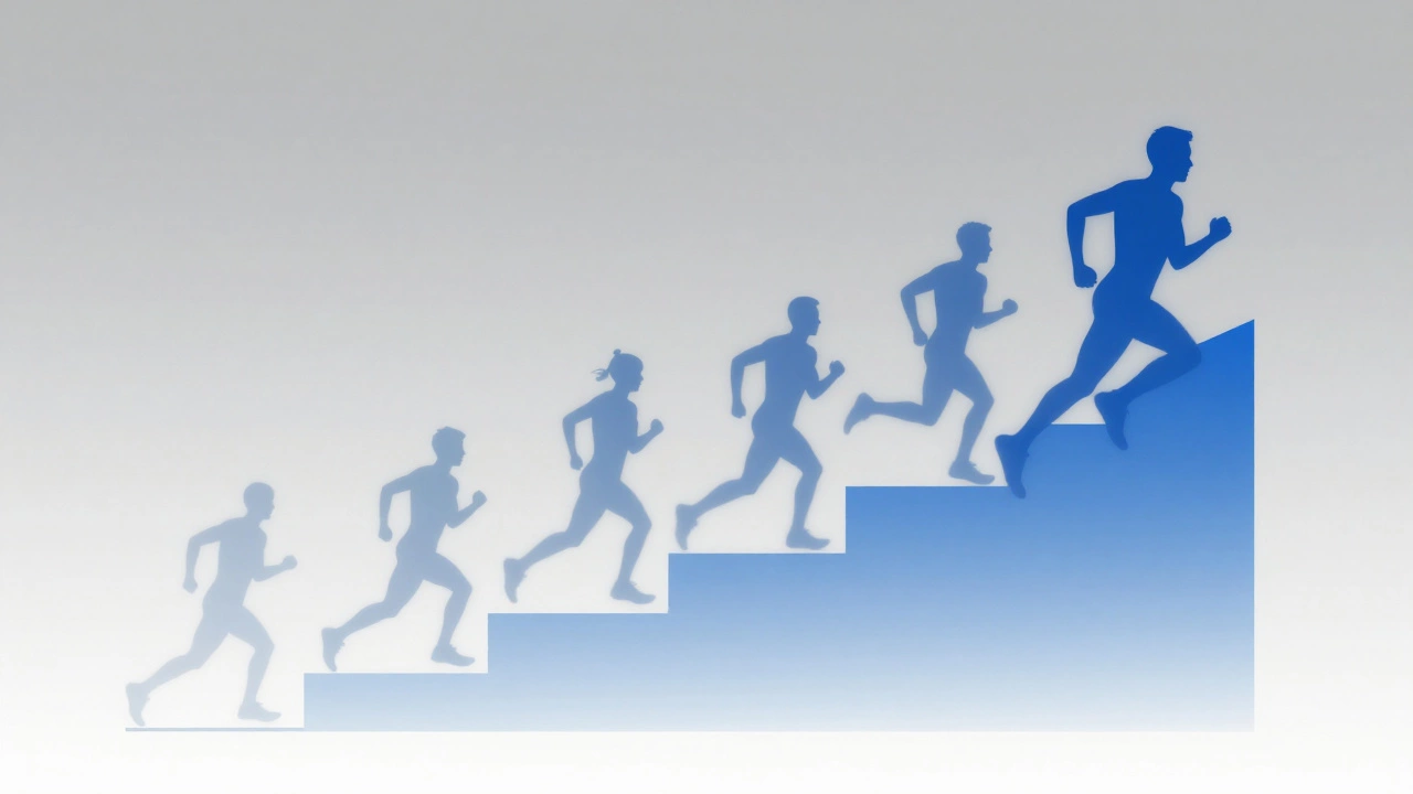 Abstract illustration of upward progress curve with runner silhouettes