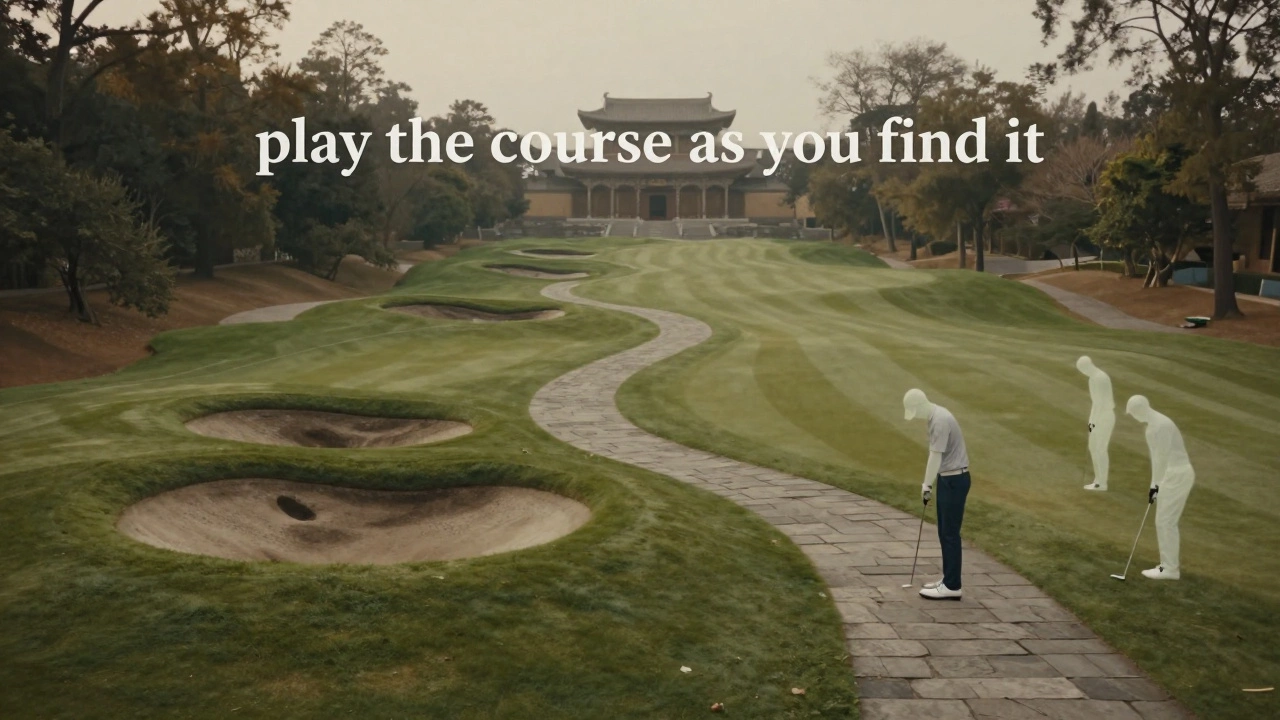 An abstract view of a golf course as a sacred landscape, with players moving respectfully through natural terrain, honoring the land as it is.