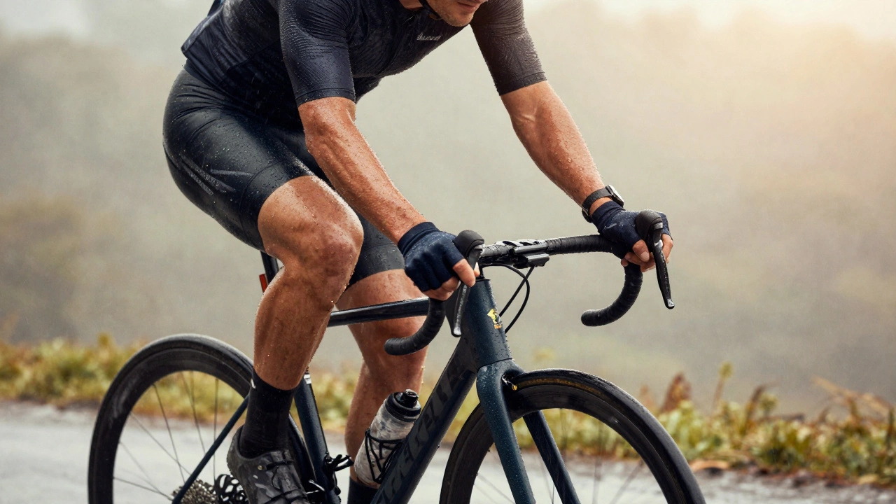 An athlete cycling in rain wearing gear designed to perform in challenging weather conditions.
