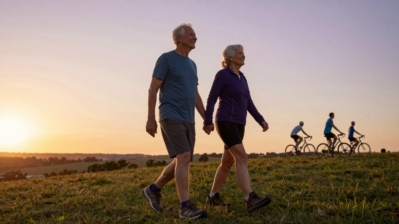 An elderly couple walking happily up a hill, symbolizing long-term health through varied movement.