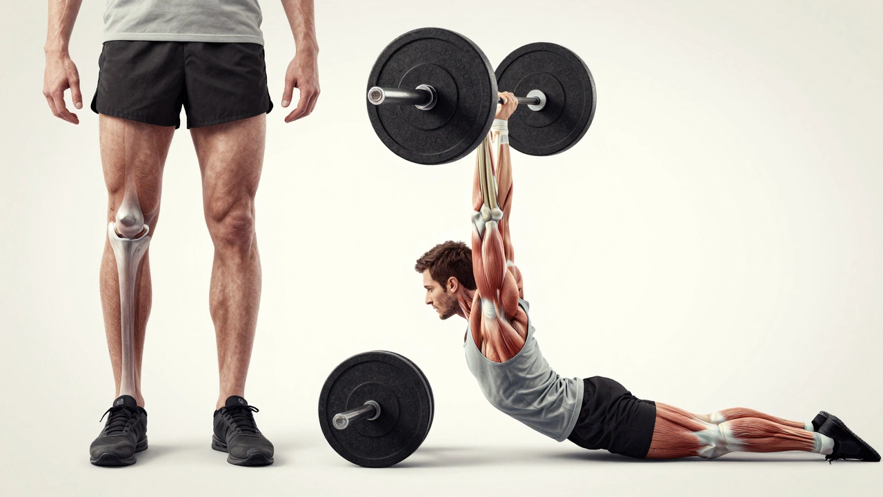 Anatomical split image of a runner with imbalances versus a balanced athlete performing strength and mobility exercises.