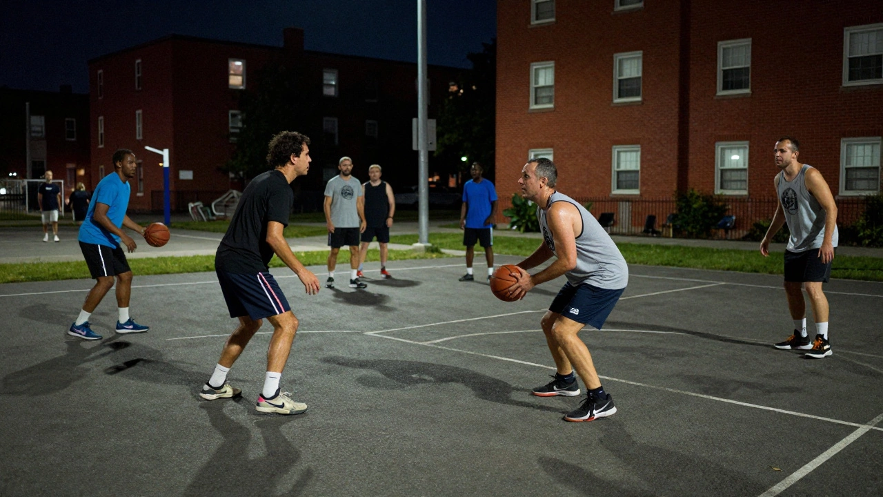 Community group playing basketball at night outdoors