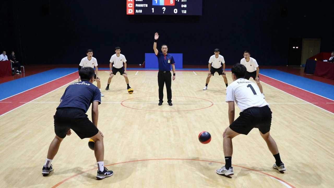 Dodgeball match on standardized court with referee and scoreboard, players in uniform.