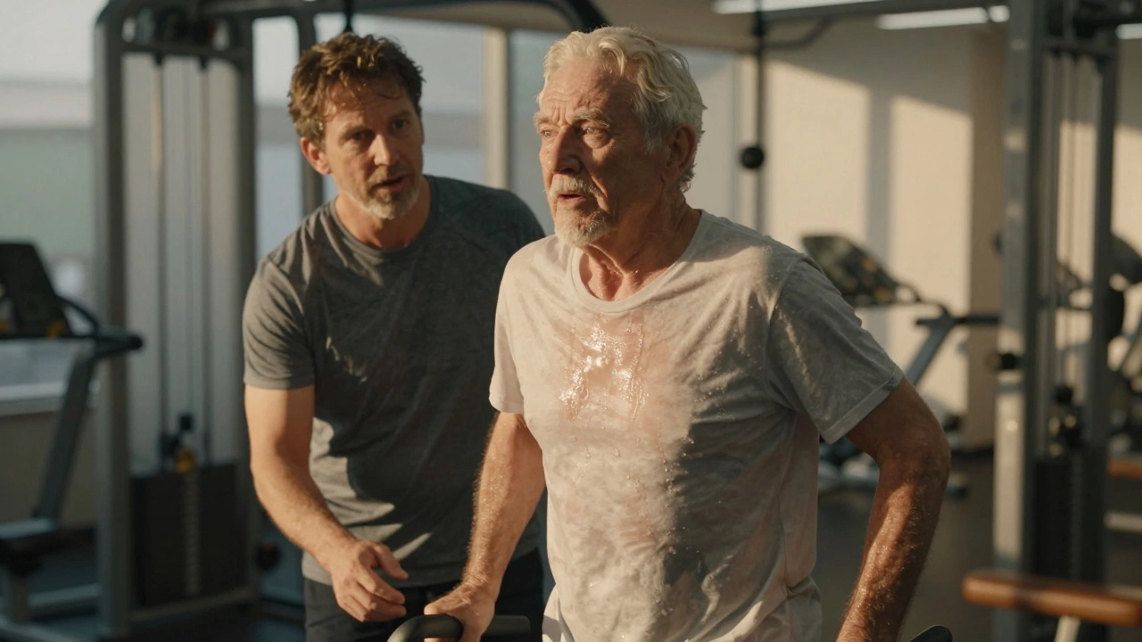 Elderly man standing unassisted from a chair while his son watches