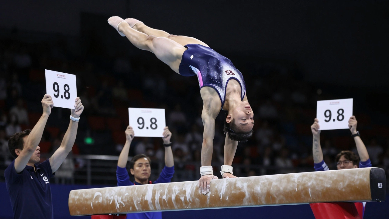 Gymnast performing a flip on balance beam, judges scoring with visible numbers.