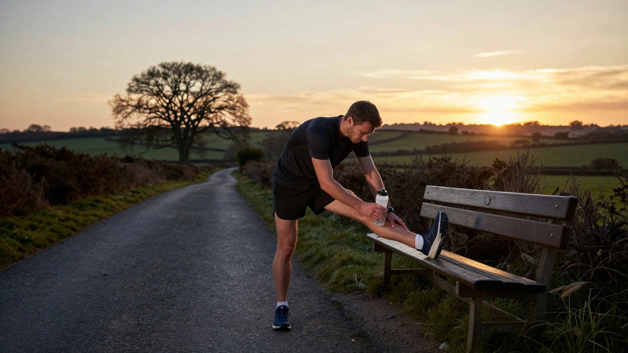 Marathon runner drinking water and stretching on a rural road at dusk