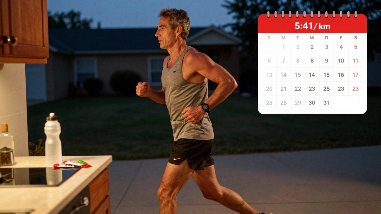 Middle-aged runner finishing a 30km training run at dusk, GPS watch showing pace, training gear visible.