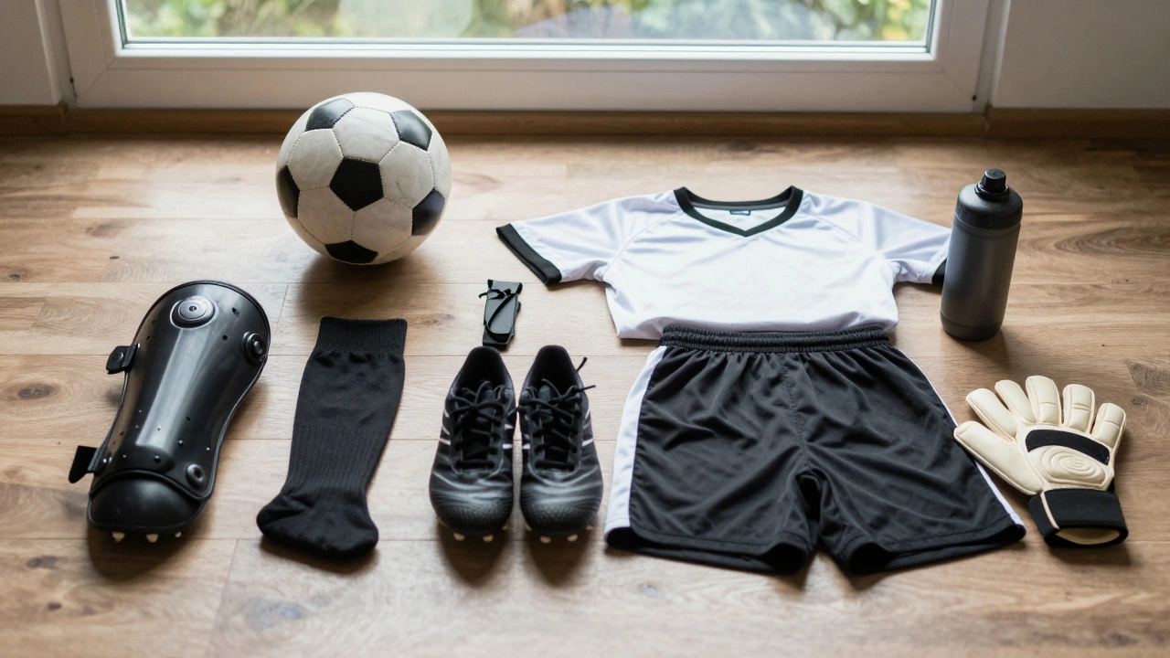 Organized beginner soccer gear laid out neatly: ball, cleats, shin guards, socks, and jersey.