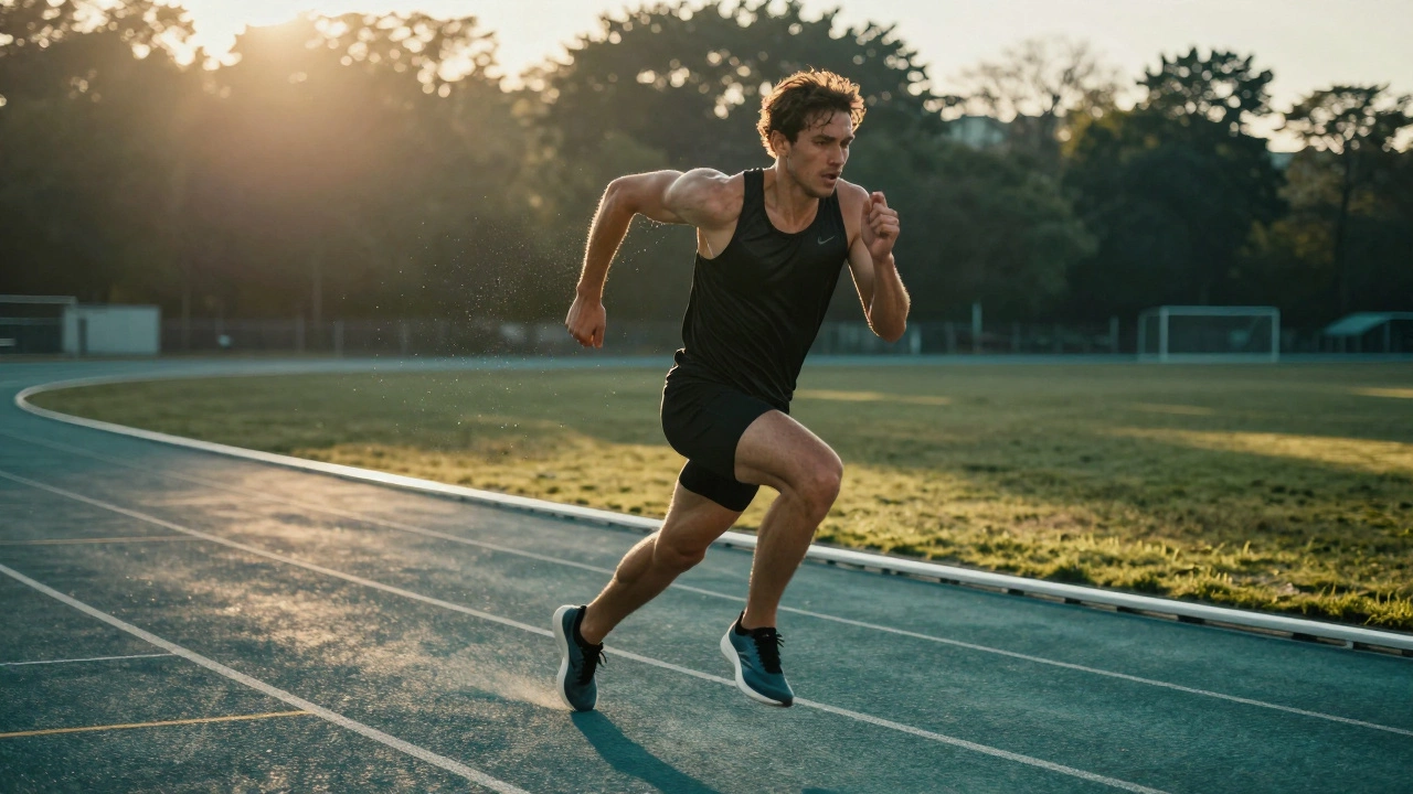 Runner sprinting on a track with motion blur and intense focus.