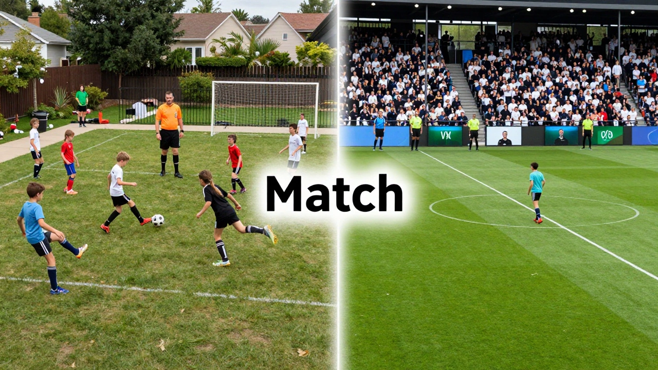 Split image contrasting casual backyard play with a professional football match, highlighting the difference between game and match.