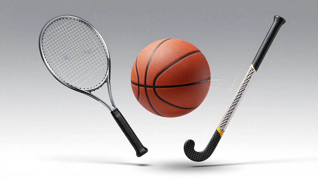 Three sports equipment items dissected to reveal advanced materials like carbon fiber and graphene.