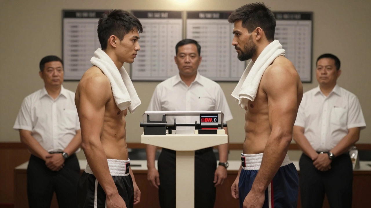 Two fighters weighing in before a match, one lightweight and one heavyweight, officials watching.
