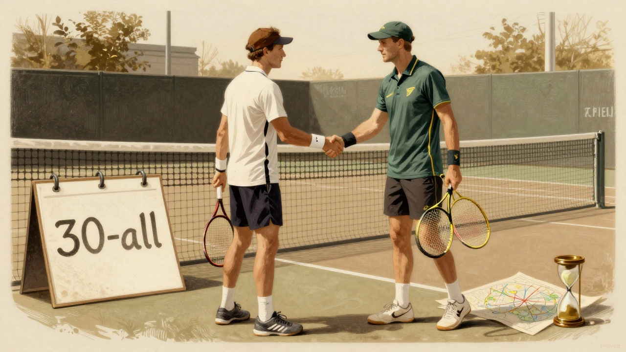 Two players shaking hands at the net after a long rally, with a vintage hourglass court map beneath them.