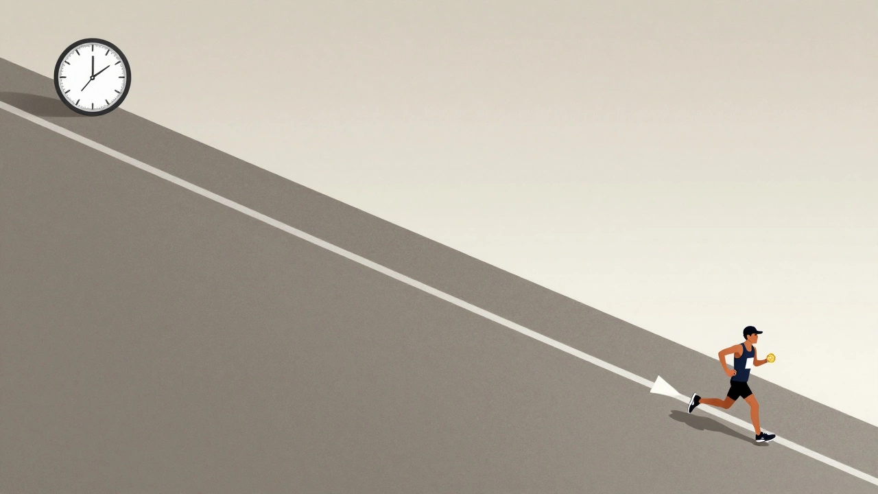 Two runners on contrasting marathon courses—one hilly, one downhill—both holding finisher medals, symbolizing how terrain affects time.