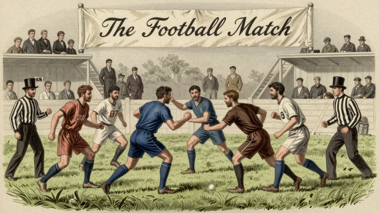 Vintage 19th-century illustration of early football players in historic kits with Victorian spectators watching a match.