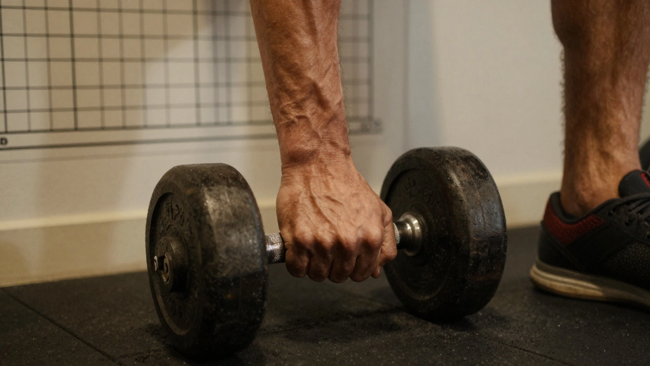 Weathered hands holding a dumbbell with progress reflected in the mirror