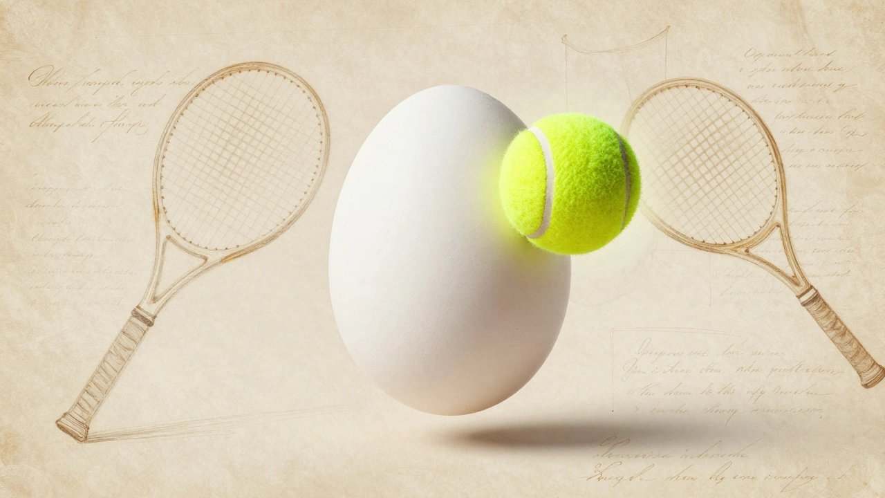 A conceptual image of an egg transforming into a tennis ball with French motifs.