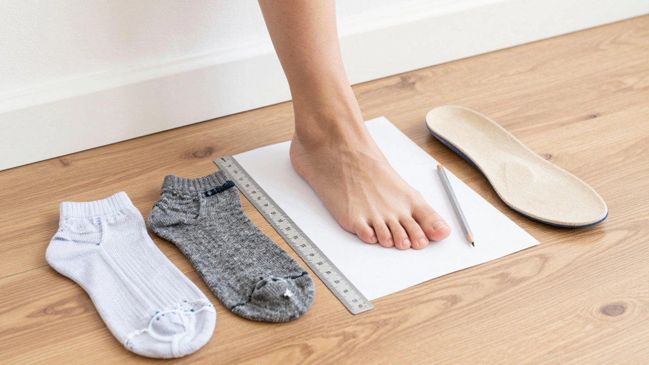 A foot being measured on a piece of paper with a ruler and pencil on a wooden floor.