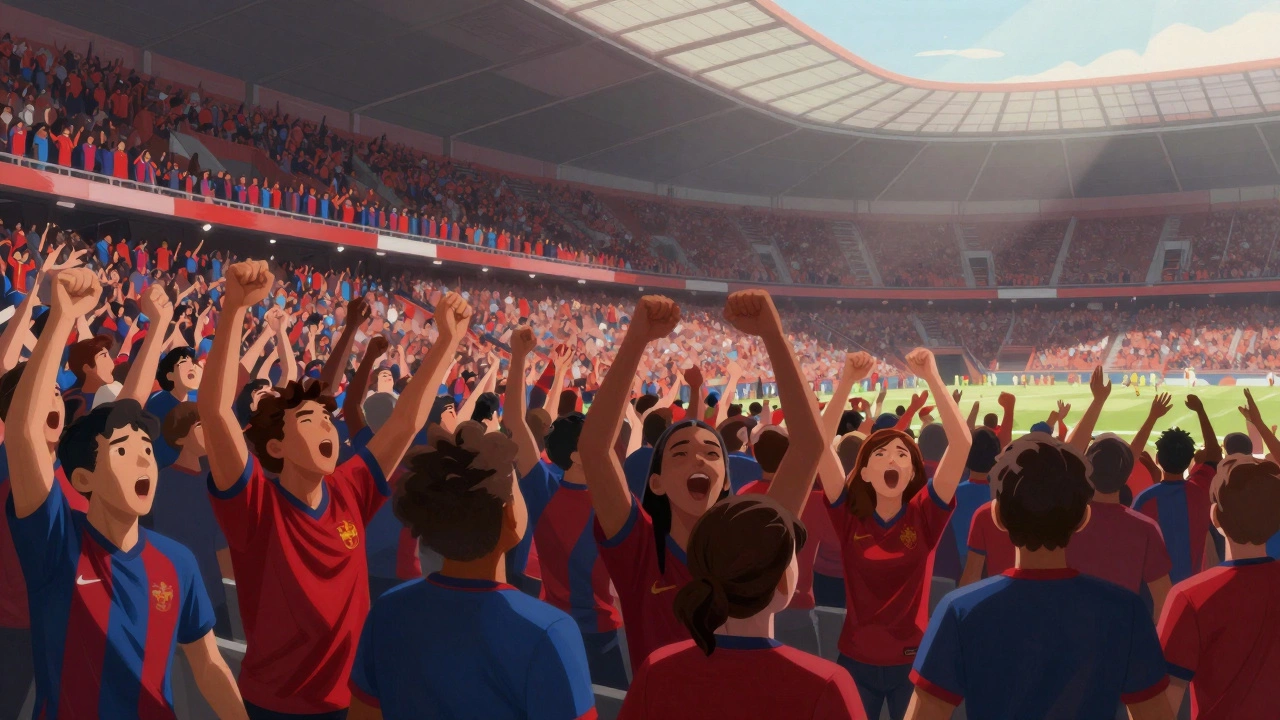 A passionate crowd of football fans in a stadium jumping in unison during a match.