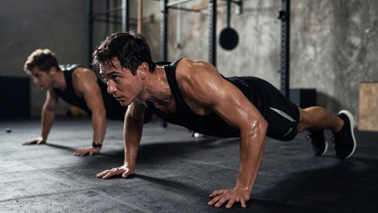 A person performing intense mountain climbers in a gym during a HIIT workout.