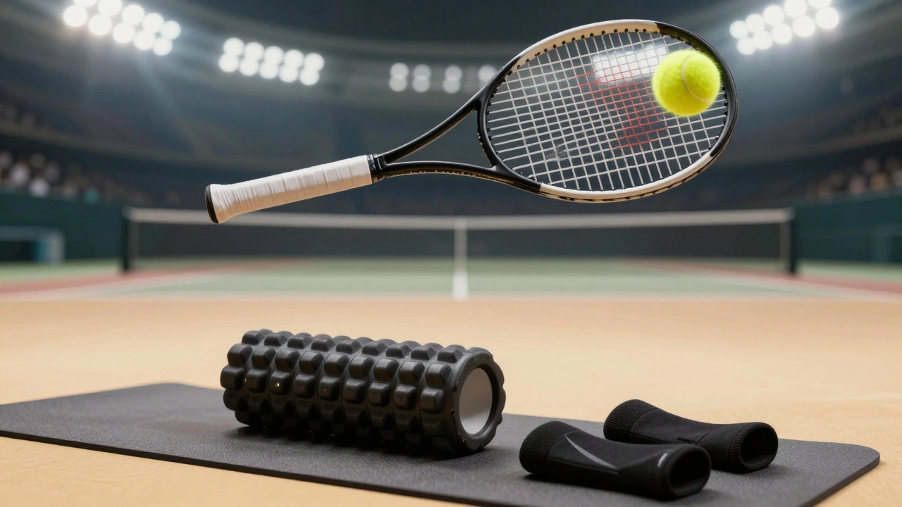 A tennis racket in motion contrasted with a foam roller and compression gear.