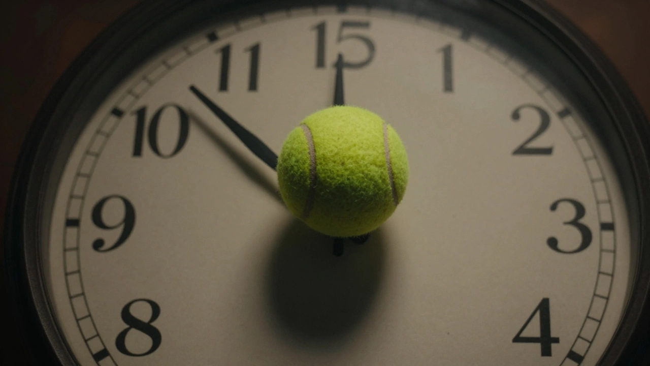 A vintage clock face featuring tennis scores 15, 30, and 40 instead of numbers.