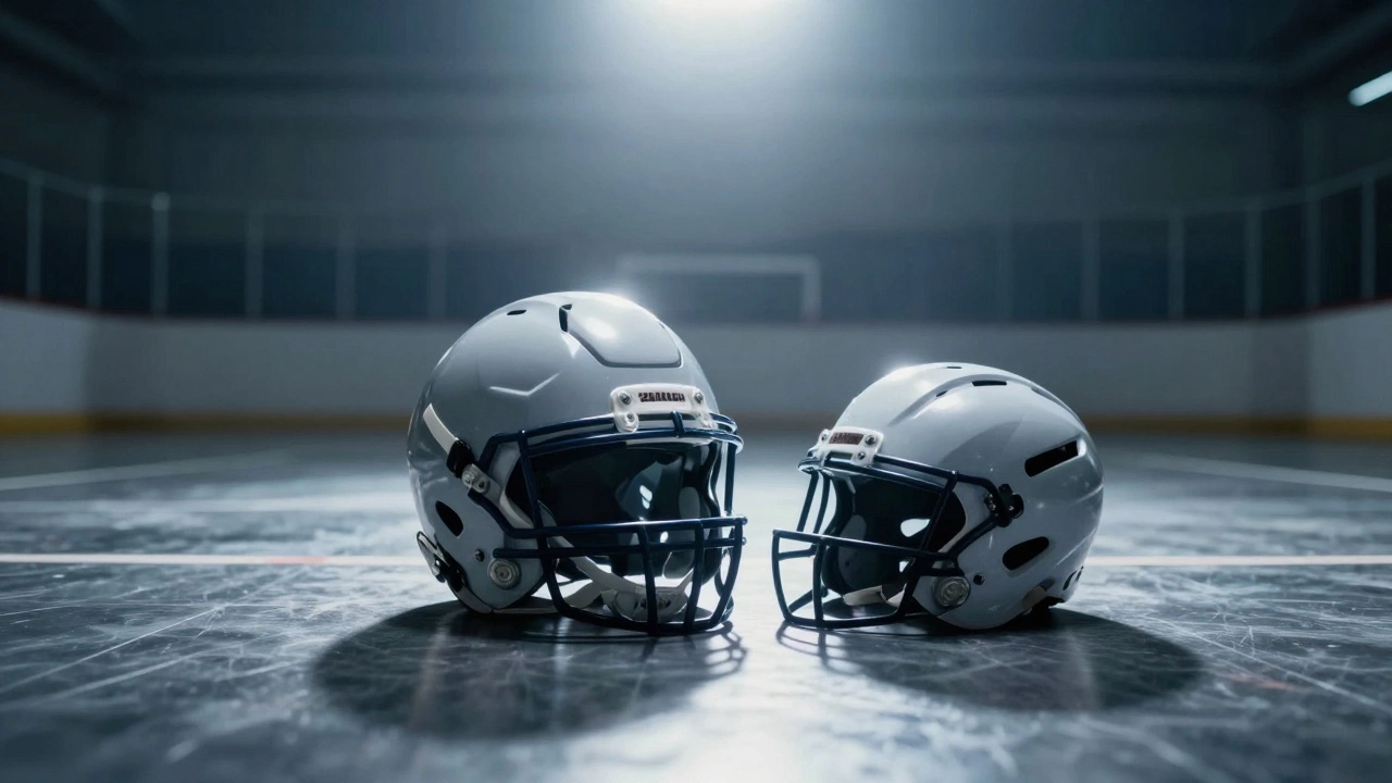 An American football helmet and a bicycle helmet side-by-side in a sports arena.