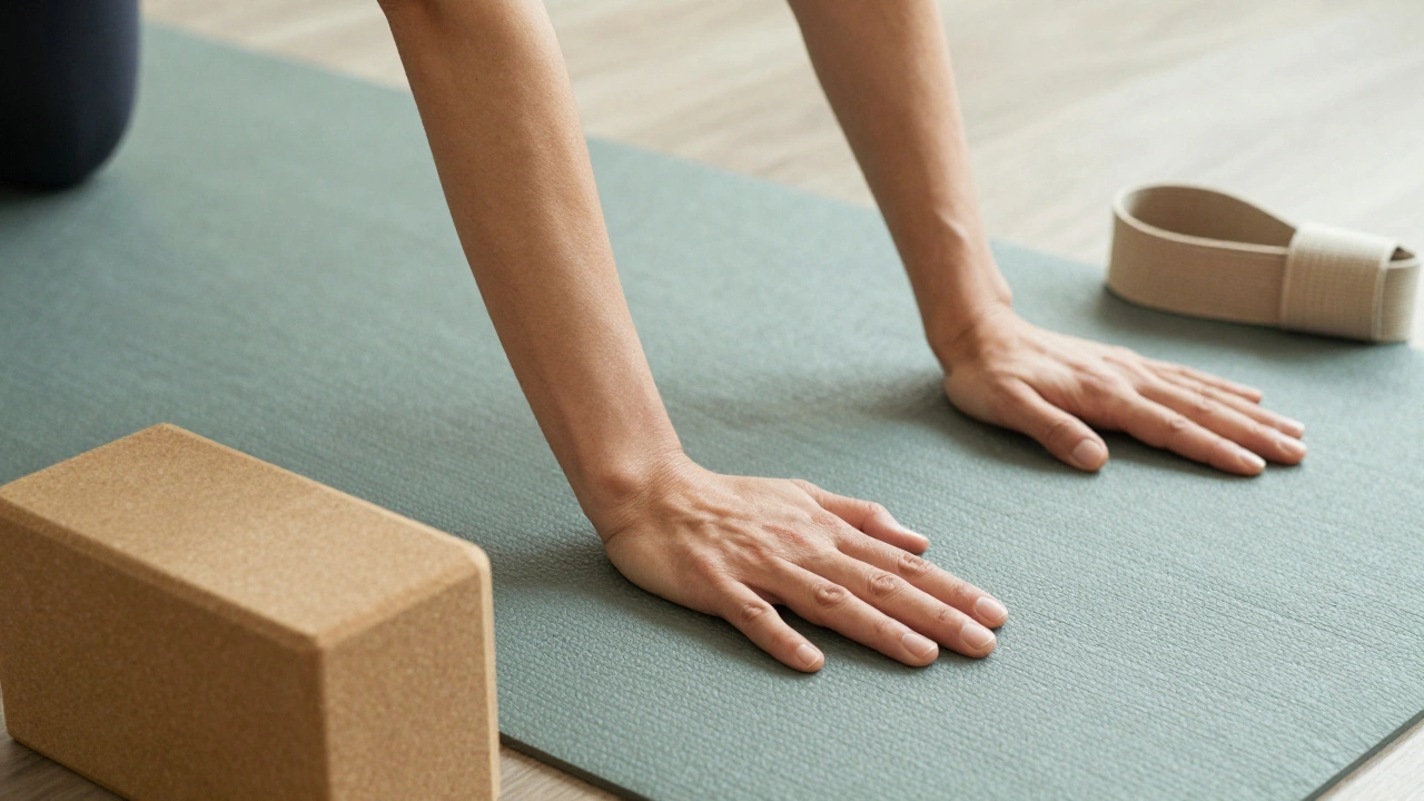 Close-up of hands on a yoga mat with a yoga block and strap nearby for support