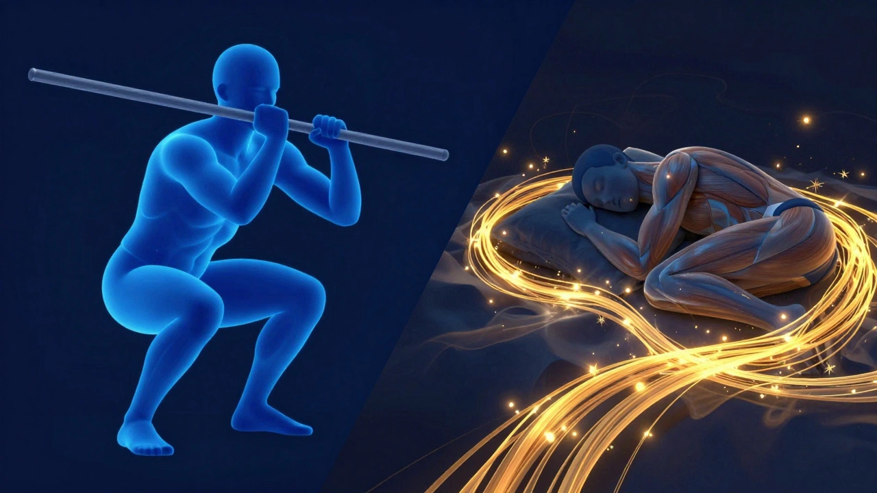 Conceptual art showing the transition from exercising to muscle recovery during sleep