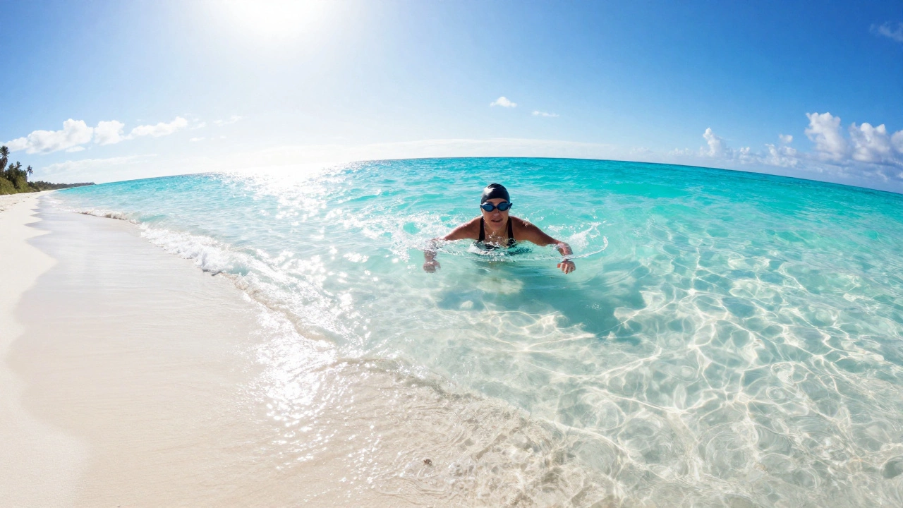 Confident adult swimming in a clear blue ocean at a sunny beach
