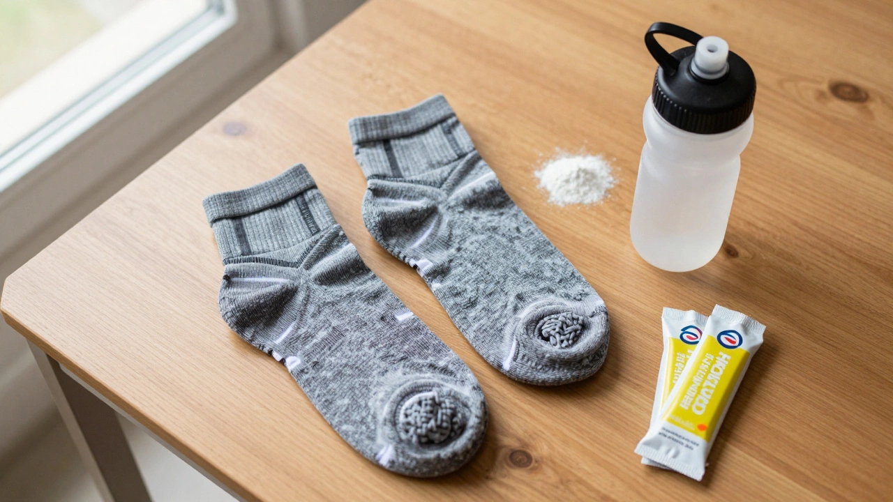 Flat lay of running gear including electrolyte drinks and energy gels for race preparation