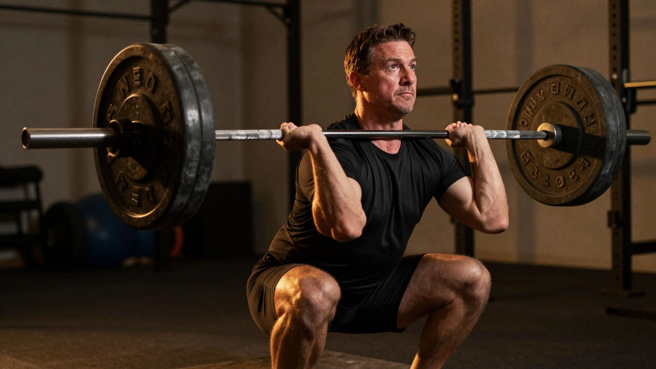 Focused lifter in their 30s performing a heavy barbell squat with perfect form