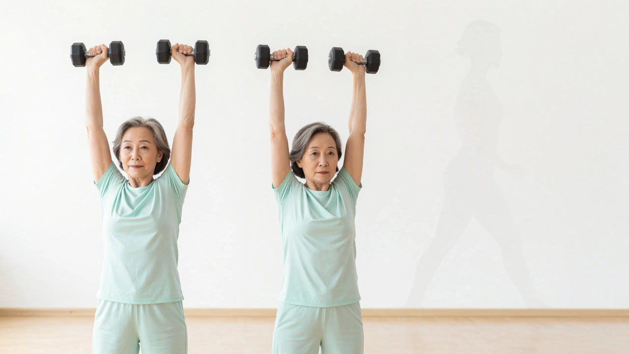 Older adult performing a dumbbell overhead press, emphasizing lifelong health